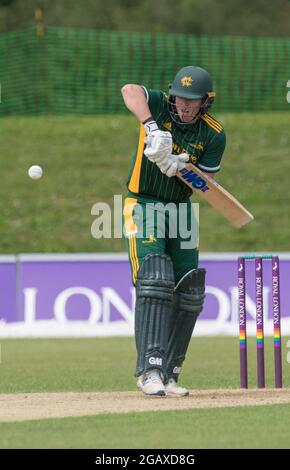 John Fretwell Sporting Complex, Mansfield, Nottinghamshire, Regno Unito. 1 agosto 2021. Gruppo B Nottinghamshire Outlaws affrontare le Foxes Leicestershire al John Fretwell Sporting Complex nella Royal London Cup Credit: Alan Beastall/Alamy Live News. Foto Stock