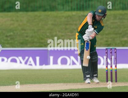 John Fretwell Sporting Complex, Mansfield, Nottinghamshire, Regno Unito. 1 agosto 2021. Gruppo B Nottinghamshire Outlaws affrontare le Foxes Leicestershire al John Fretwell Sporting Complex nella Royal London Cup Credit: Alan Beastall/Alamy Live News. Foto Stock