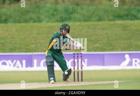 John Fretwell Sporting Complex, Mansfield, Nottinghamshire, Regno Unito. 1 agosto 2021. Gruppo B Nottinghamshire Outlaws affrontare le Foxes Leicestershire al John Fretwell Sporting Complex nella Royal London Cup Credit: Alan Beastall/Alamy Live News. Foto Stock