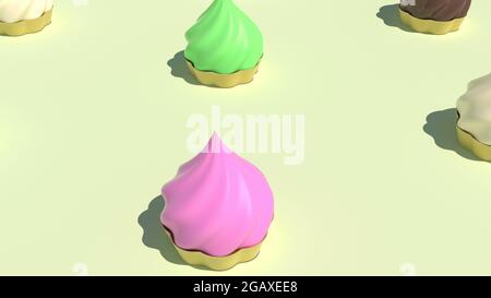 Impostare le torte con crema colorata sul rendering 3D rosa Foto Stock