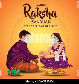 Fratello indiano e sorella indossando maschera chirurgica. Felice Raksha Bandhan festival. Rakhi celebrazione in india illustrazione vettoriale. Covid-19 corona virus Illustrazione Vettoriale