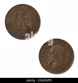 Moneta francese Napoleone III da 10 centime - 1856 - incisa da Jean-Jacques barre Foto Stock