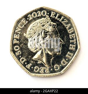 Brexit Fifty Pence pezzo 2020 inciso da Jody Clark (Obverse) e Thomas Dochrety (Reverse) Foto Stock