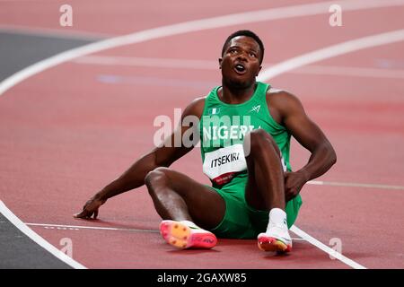 Tokyo, Giappone, 1 agosto 2021. Usheoritse Itsekiri del Team Nigeria durante la semifinale maschile di 100m il giorno 9 dei Giochi Olimpici di Tokyo 2020 . Credit: Pete Dovgan/Speed Media/Alamy Live News Foto Stock