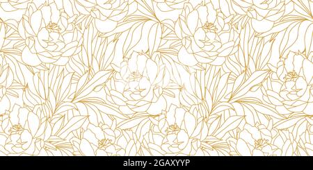 Motivo senza cuciture con linee d'oro, belle foglie di peonie, fiori e gemme di colore bianco. Illustrazione Vettoriale