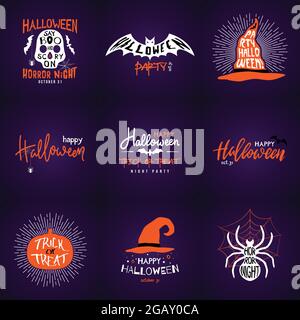 Happy Halloween overlay, lettering etichette design collezione. Distintivi per le vacanze. Segno o emblema per la festa di Halloween. Disegno vettoriale per web, stampa, greti Illustrazione Vettoriale