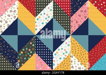 Motivo senza cuciture di una trapunta patchwork realizzata in pezzi di tessuto con motivi diversi. Ornamento floreale, pois di polka, colori autunnali. Illustrazione Vettoriale