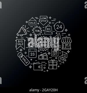 Collezione di icone di vendita Black Friday. Composizione circolare con icona di linea. Modello vettoriale per la progettazione pubblicitaria. Illustrazione Vettoriale