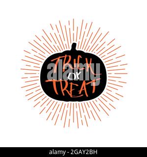 Emblema retrò di Halloween con citazione Trick o Treat. Silhouette di zucca. Disegno vettoriale per striscioni, stampe, biglietti d'auguri. Illustrazione Vettoriale