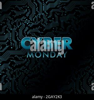 Banner olografico Cyber Monday. Schema della scheda a circuito stampato con texture al neon blu. Illustrazione vettoriale. Illustrazione Vettoriale