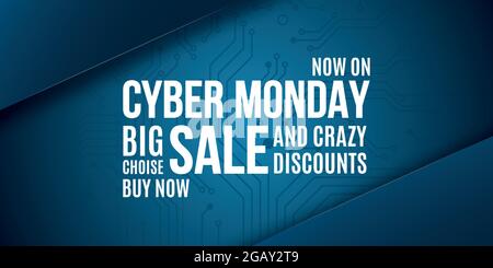 Il Cyber Monday pubblicizza il design di banner. Banner largo. Sconto tipografico sfondo blu. Illustrazione Vettoriale