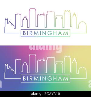 Skyline di Birmingham USA. Stile lineare colorato. File vettoriale modificabile. Illustrazione Vettoriale