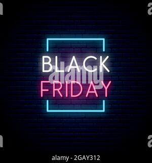 Cartello al neon Black Friday. Cartello luminoso di vendita. Modello di disegno vettoriale. Illustrazione Vettoriale