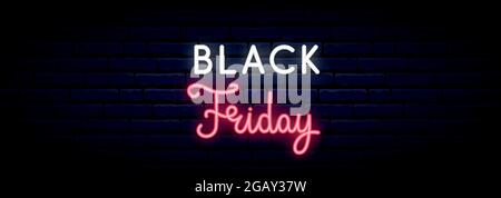 Cartello al neon Black Friday sale. Striscione luminoso orizzontale lungo . Segnale neon vettoriale. Illustrazione Vettoriale
