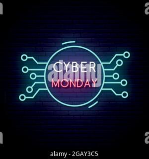 Cartello al neon Cyber Monday. Cartello luminoso di vendita. Modello di disegno vettoriale. Illustrazione Vettoriale