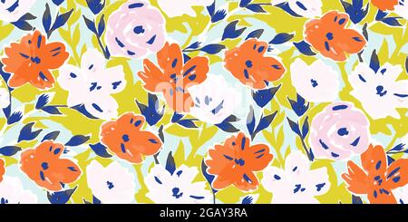 Semplice motivo senza giunture di fiori gouache disegnati a mano, astratto sfondo colorato. Illustrazione Vettoriale