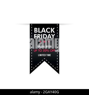 Cartello di vendita. Nastro nero con iscrizione Black Friday isolato su sfondo bianco. Illustrazione vettoriale Illustrazione Vettoriale