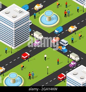 Vista isometrica 3D del paesaggio urbano della parte superiore della casa Illustrazione Vettoriale