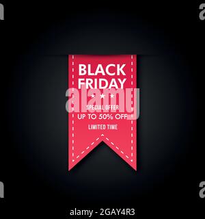 Black friday vendita banner design. Nastro rosso. Tag di sconto. Illustrazione vettoriale. Illustrazione Vettoriale