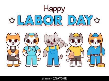 Happy Labor Day, simpatici gatti kawaii di diverse professioni. Personaggi divertenti della classe di lavoro dei cartoni animati. Vettore Illustrazione Vettoriale