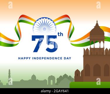 75 ° giorno di Indipendenza dell'India saluto con bandiera tricolore indiana. 15 agosto modello per sito web e social media. Illustrazione Vettoriale