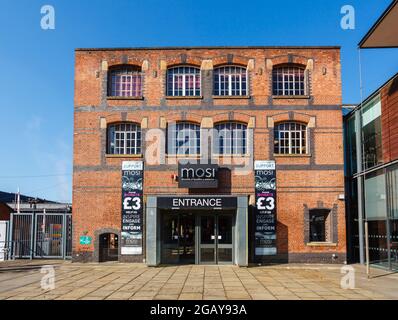 Ingresso al Museo della Scienza e dell'industria (MOSI) a Castlefield, Manchester, Inghilterra nord-occidentale, Regno Unito Foto Stock