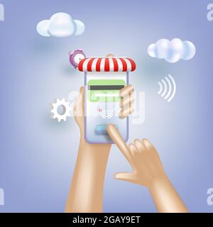 Shopping online. Acquisto di smartphone e schermo Illustrazione Vettoriale