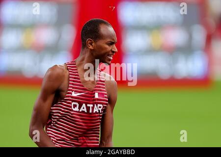 Tokyo, Giappone, 1 agosto 2021. Mutaz sia Barshim del Team Qatar festeggia durante la finale del salto in alto maschile il giorno 9 dei Giochi Olimpici di Tokyo 2020. Credit: Pete Dovgan/Speed Media/Alamy Live News Foto Stock