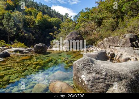 Paesaggio autunnale nella valle del fiume Homem attraverso la foresta di Mata da Albergaria, Parco Nazionale di Peneda Geres, Portogallo Foto Stock