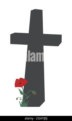 Croce nera con papaveri rossi. Simbolo della memoria pietra di testa del cimitero. Illustrazione vettoriale minima per il giorno della memoria, giorno dell'Anzac. Isolato su sfondo bianco Illustrazione Vettoriale