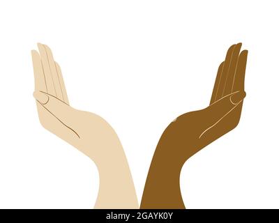 Due mani umane diverse elemento di progettazione per volontariato carità, sostegno e pace. Illustrazione vettoriale isolata Illustrazione Vettoriale
