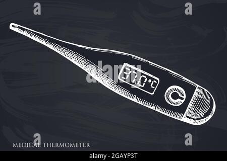 Set vettoriale di termometro medico con gesso disegnato a mano Illustrazione Vettoriale