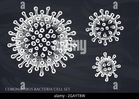 Set vettoriale di cellule di batteri di coronavirus in gesso disegnate a mano Illustrazione Vettoriale