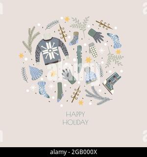 Biglietto d'auguri o poster con elementi natalizi e abiti invernali. Illustrazione Vettoriale