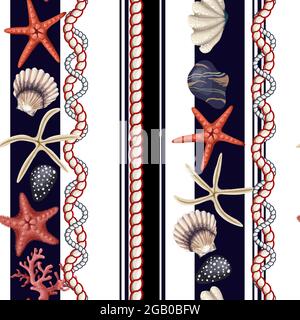 Motivo senza cuciture con stelle, conchiglie e corda. Stampa trincea vettoriale. Illustrazione Vettoriale