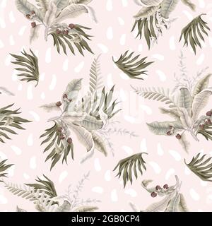 Motivo senza cuciture con foglie e fiori tropicali chiari. Stampa tessile alla moda. Illustrazione Vettoriale