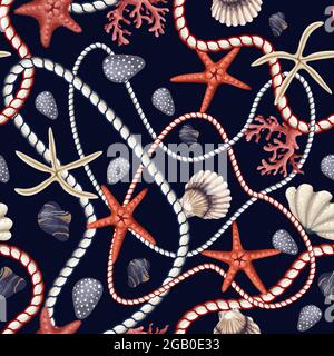 Motivo senza cuciture con stelle, conchiglie e corda. Stampa trincea vettoriale. Illustrazione Vettoriale