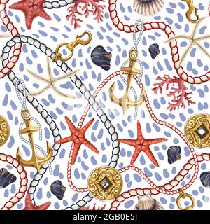 Motivo senza cuciture con stelle, conchiglie e corda. Stampa trincea vettoriale. Illustrazione Vettoriale