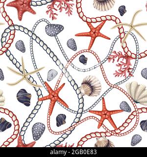 Motivo senza cuciture con stelle, conchiglie e corda. Stampa trincea vettoriale. Illustrazione Vettoriale