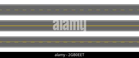 Vista dall'alto dell'antenna per strade dritte. Autostrade orizzontali vuote con diverse marcature bianche e gialle. Modelli di roadway senza soluzione di continuità. Elementi della mappa della città. Immagine piatta vettoriale. Illustrazione Vettoriale