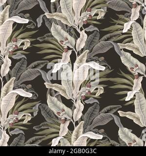 Motivo senza cuciture con foglie e fiori tropicali chiari. Stampa tessile alla moda. Illustrazione Vettoriale