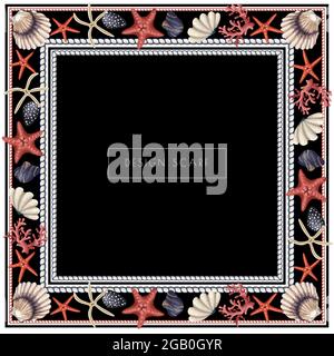 Sciarpa di design con paludi, conchiglie e corda. Stampa vettoriale trendy. Illustrazione Vettoriale