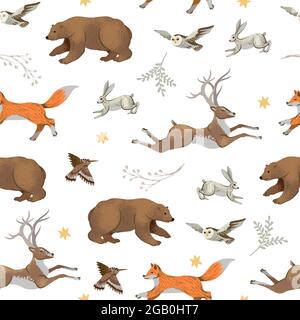 Natale modello senza giunture con alberi e animali. Sfondo vacanza vettore per la stampa. Illustrazione Vettoriale