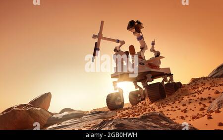 Esplorando e imparando circa il pianeta Marte. Una rover che esplora la superficie marziana. Illustrazione 3D. Foto Stock