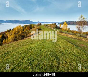 Nuvole nebbie mattina nella campagna montana autunnale. Ucraina, Carpazi, Transcarpazia. Tranquillo viaggio pittoresco, stagionale, natura Foto Stock