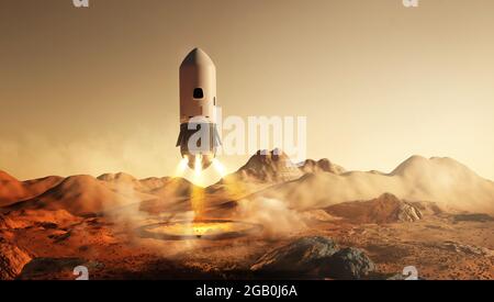 Una missione futuristica su Marte. Un razzo che trasporta astronauti che atterrano sulla superficie marziana. Illustrazione 3D Foto Stock