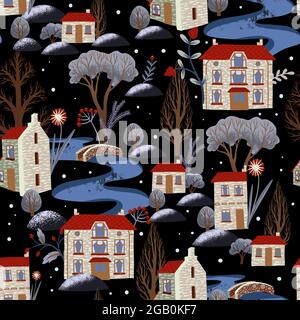 Motivo senza cuciture con elementi natalizi, città innevata, fiume e alberi. Illustrazione Vettoriale