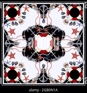 Sciarpa di design con stelle, ancore, conchiglie e salvagente. Vettore. Illustrazione Vettoriale