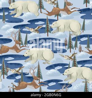 Motivo senza cuciture con orsi artici bianchi. Stampa di Natale alla moda. Illustrazione Vettoriale
