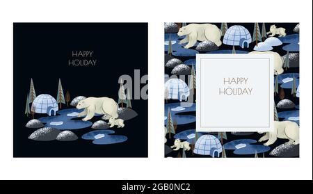 Biglietto d'auguri natalizio con orsi artici bianchi. Illustrazione Vettoriale